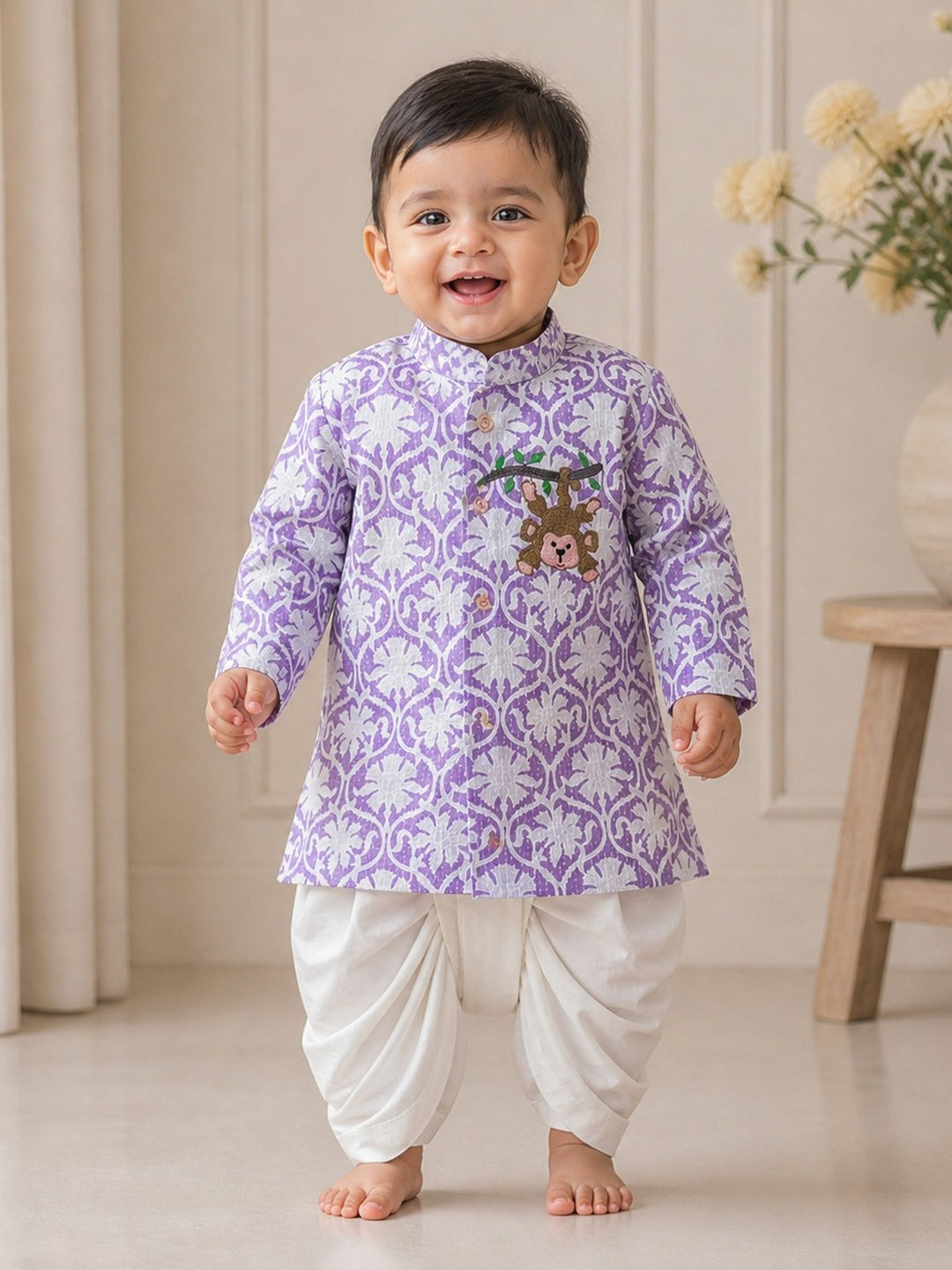 Pspeaches Baby Boy  Lavender & White Ethnic Floral Print Dobby Straight Fit Kurta With Dhoti Set
