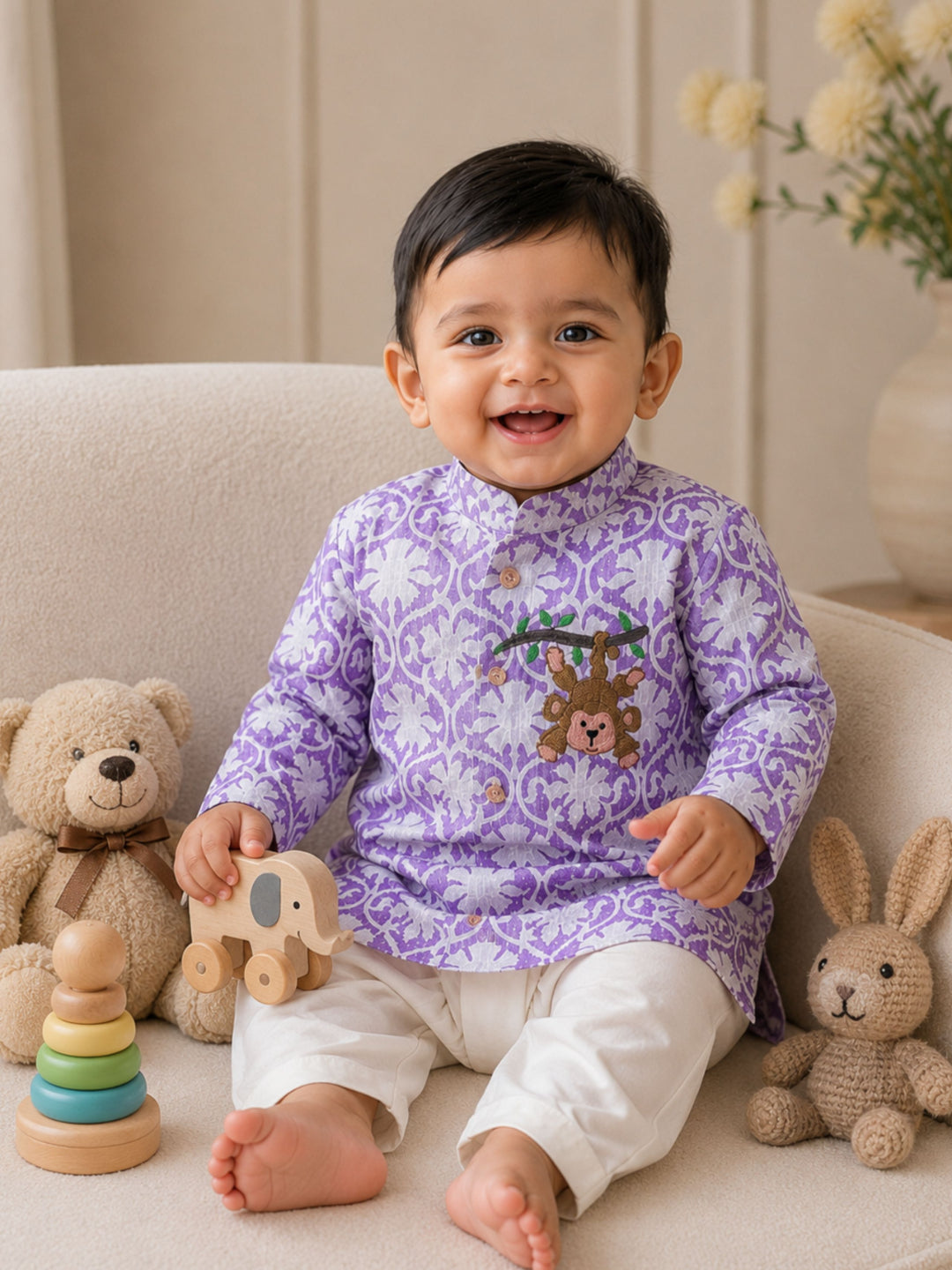 Pspeaches Baby Boy  Lavender & White Ethnic Floral Print Dobby Straight Fit Kurta With Dhoti Set