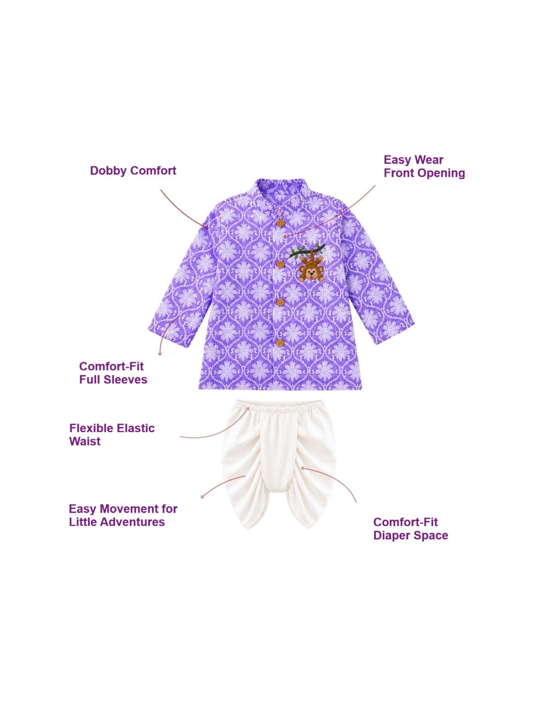 Pspeaches Baby Boy  Lavender & White Ethnic Floral Print Dobby Straight Fit Kurta With Dhoti Set ( Sku-Inb-Dh-Wtpurple )