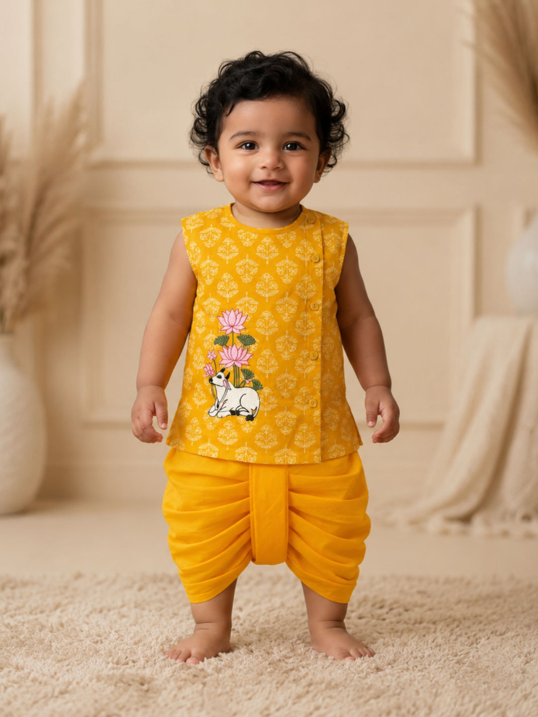 Pspeaches Baby Boy Mustard Ethnic Floral Print Cotton Angrakha Kurta With Dhoti Set