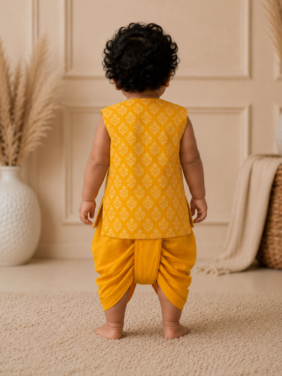 Pspeaches Baby Boy Mustard Ethnic Floral Print Cotton Angrakha Kurta With Dhoti Set
