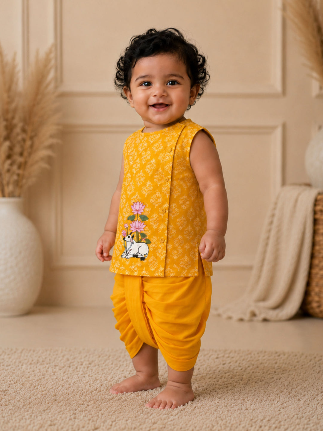 Pspeaches Baby Boy Mustard Ethnic Floral Print Cotton Angrakha Kurta With Dhoti Set