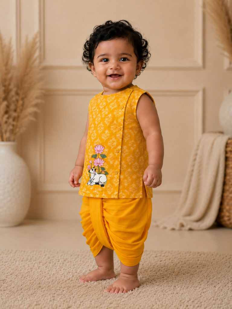 Pspeaches Baby Boy Mustard Ethnic Floral Print Cotton Angrakha Kurta With Dhoti Set