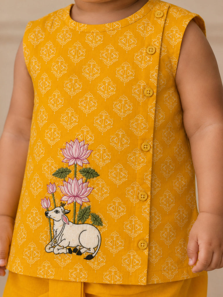 Pspeaches Baby Boy Mustard Ethnic Floral Print Cotton Angrakha Kurta With Dhoti Set
