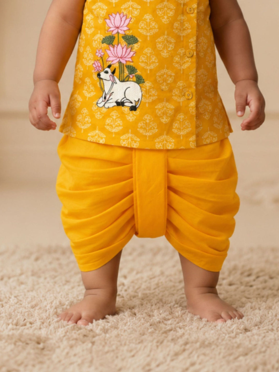 Pspeaches Baby Boy Mustard Ethnic Floral Print Cotton Angrakha Kurta With Dhoti Set