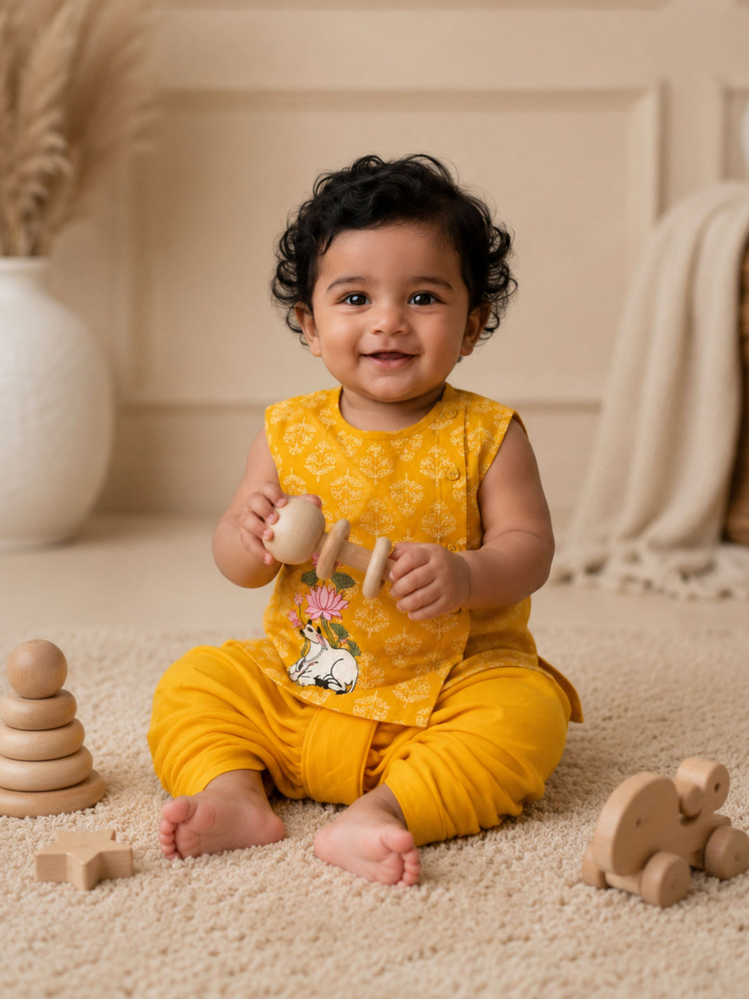 Pspeaches Baby Boy Mustard Ethnic Floral Print Cotton Angrakha Kurta With Dhoti Set