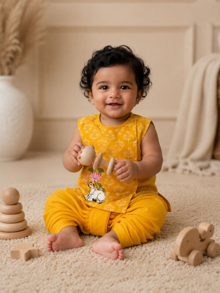 Pspeaches Baby Boy Mustard Ethnic Floral Print Cotton Angrakha Kurta With Dhoti Set