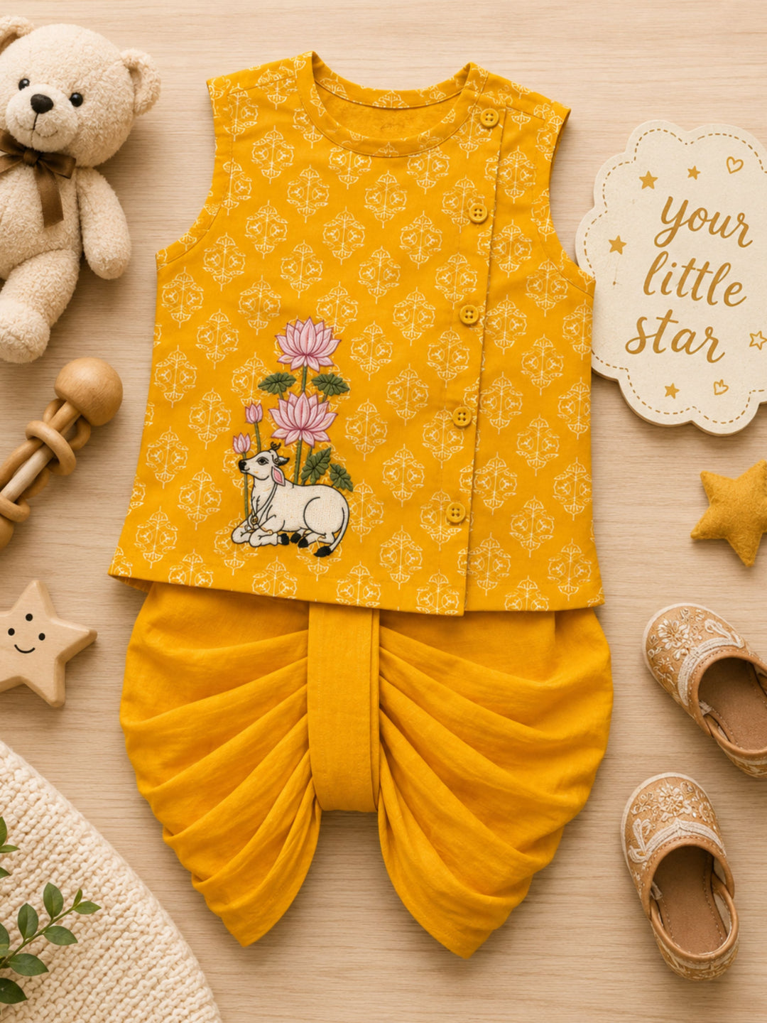 Pspeaches Baby Boy Mustard Ethnic Floral Print Cotton Angrakha Kurta With Dhoti Set