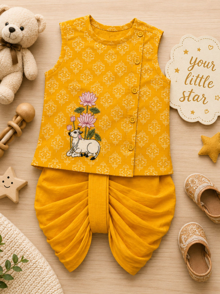 Pspeaches Baby Boy Mustard Ethnic Floral Print Cotton Angrakha Kurta With Dhoti Set
