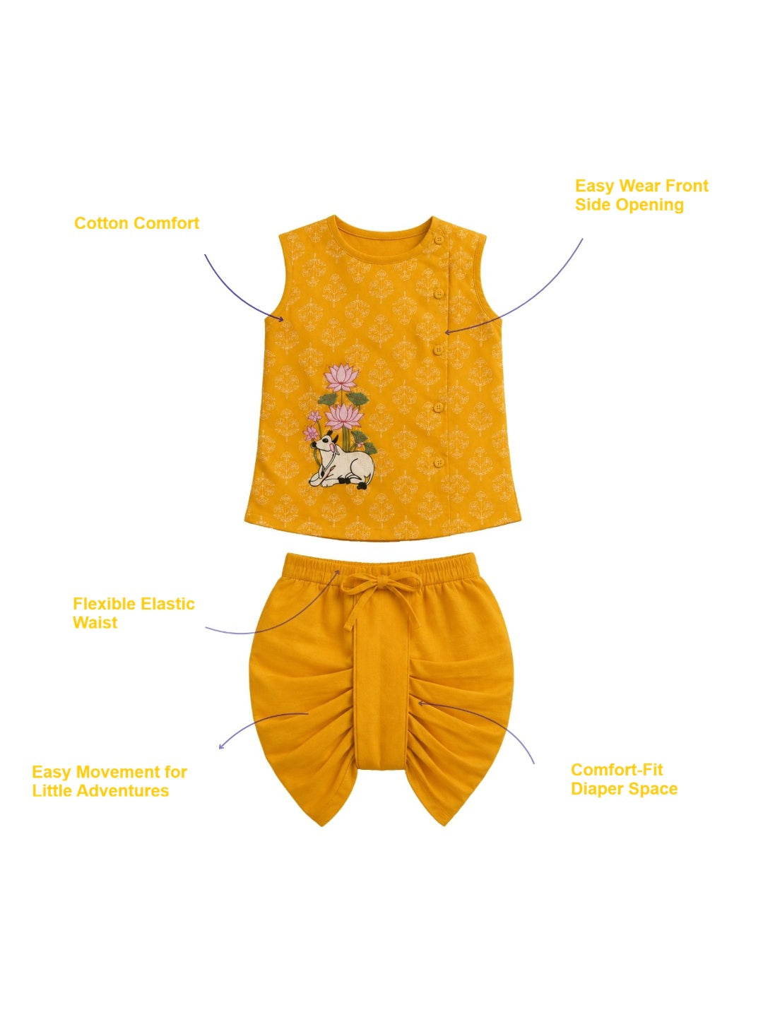 Pspeaches Baby Boy Mustard Ethnic Floral Print Cotton Angrakha Kurta With Dhoti Set ( Sku-Inb-Dh-Yellowfloralbooti )