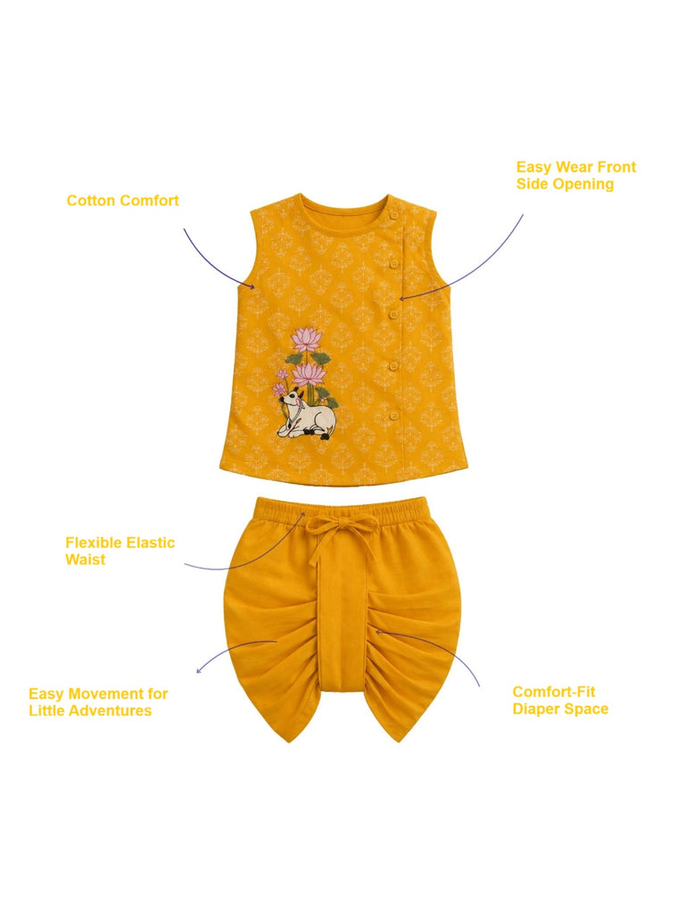 Pspeaches Baby Boy Mustard Ethnic Floral Print Cotton Angrakha Kurta With Dhoti Set ( Sku-Inb-Dh-Yellowfloralbooti )