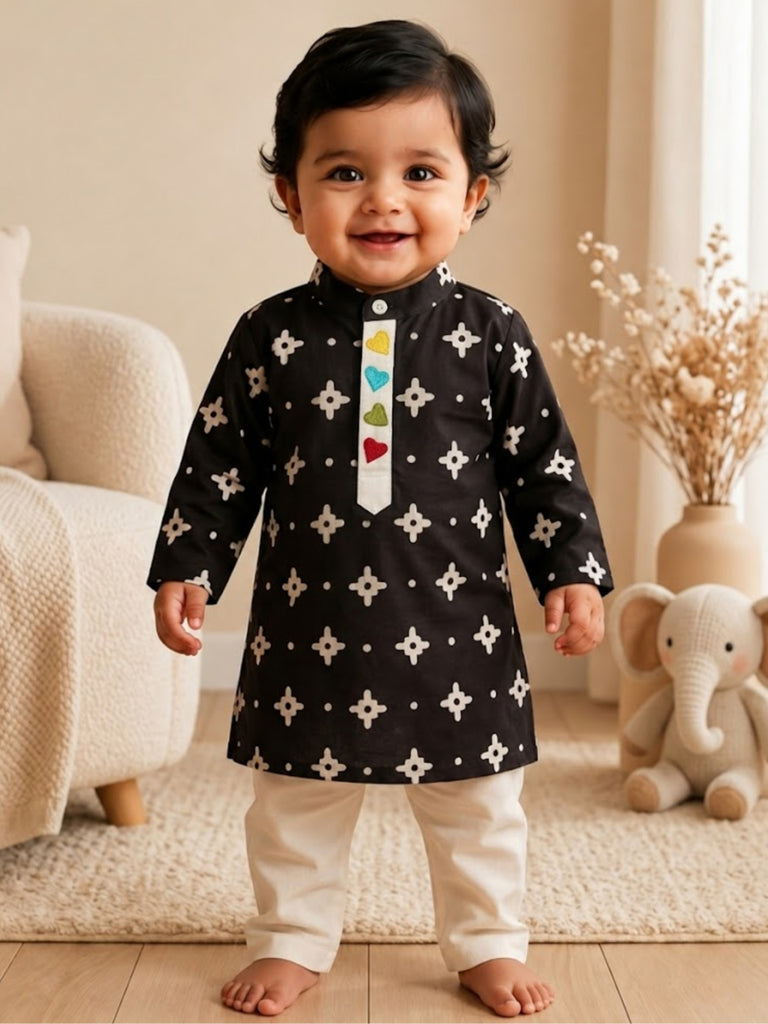 Pspeaches Baby Boy Black & White Ethnic Printed Cotton Straight Fit Kurta With Pyjama Set ( Sku-Inb-Kp-Blackbooti )