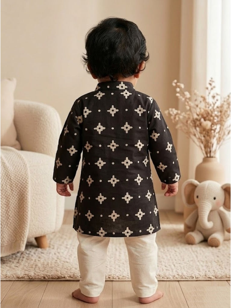 Pspeaches Baby Boy Black & White Ethnic Printed Cotton Straight Fit Kurta With Pyjama Set ( Sku-Inb-Kp-Blackbooti )