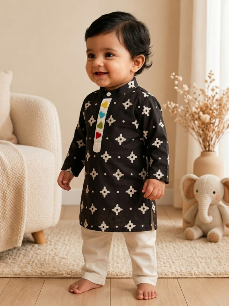 Pspeaches Baby Boy Black & White Ethnic Printed Cotton Straight Fit Kurta With Pyjama Set ( Sku-Inb-Kp-Blackbooti )