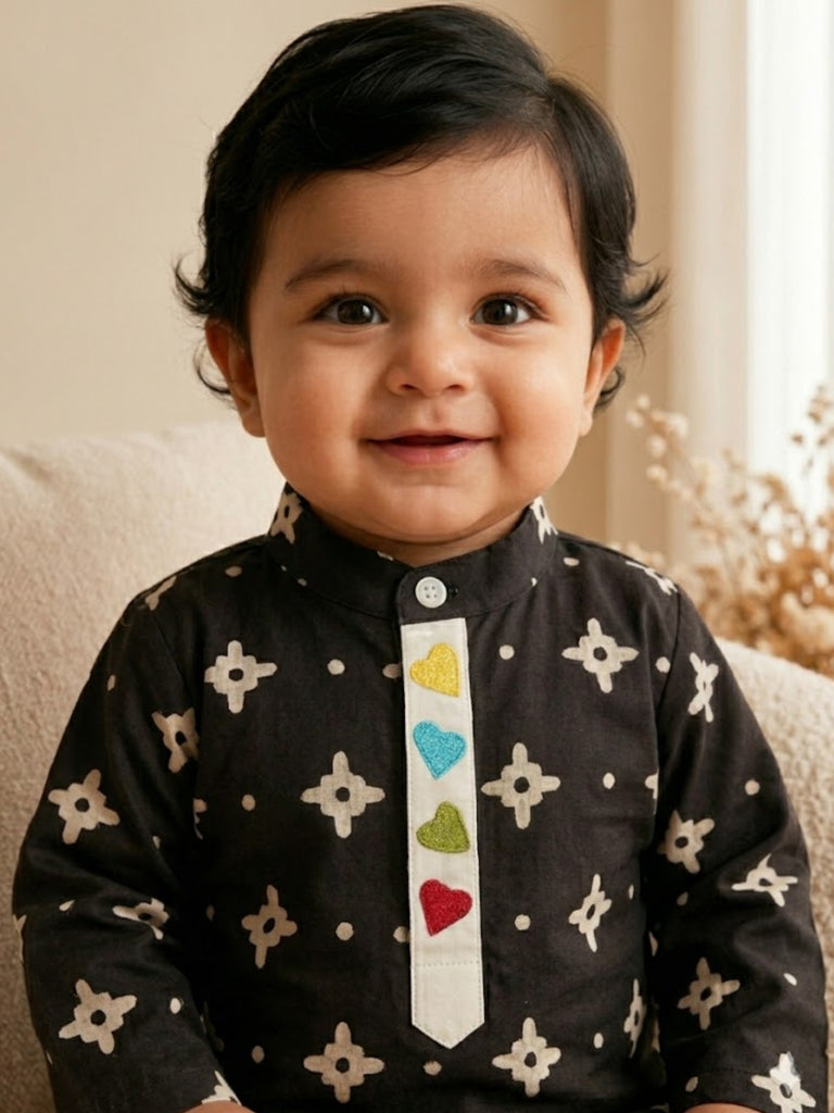 Pspeaches Baby Boy Black & White Ethnic Printed Cotton Straight Fit Kurta With Pyjama Set ( Sku-Inb-Kp-Blackbooti )