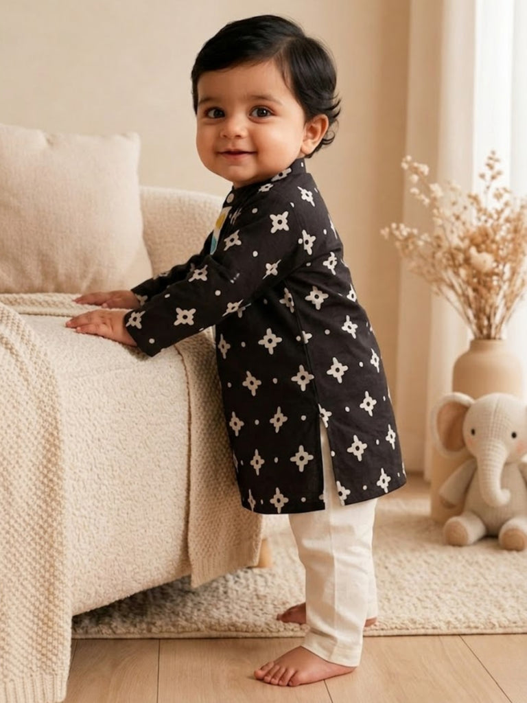 Pspeaches Baby Boy Black & White Ethnic Printed Cotton Straight Fit Kurta With Pyjama Set ( Sku-Inb-Kp-Blackbooti )