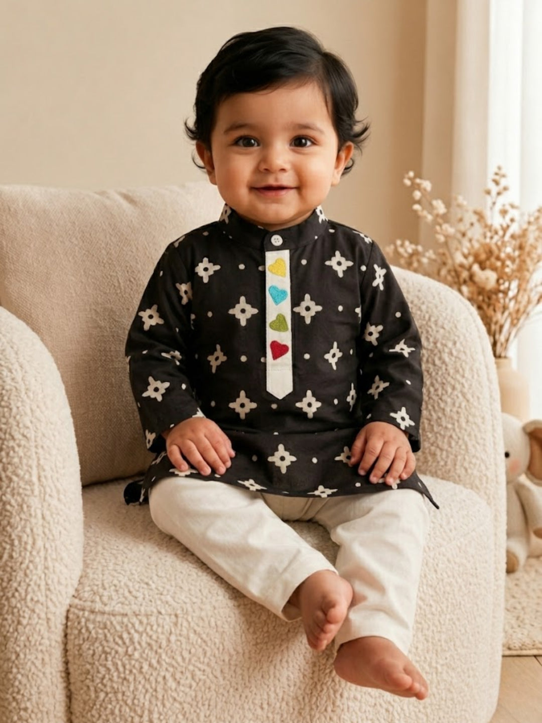 Pspeaches Baby Boy Black & White Ethnic Printed Cotton Straight Fit Kurta With Pyjama Set ( Sku-Inb-Kp-Blackbooti )