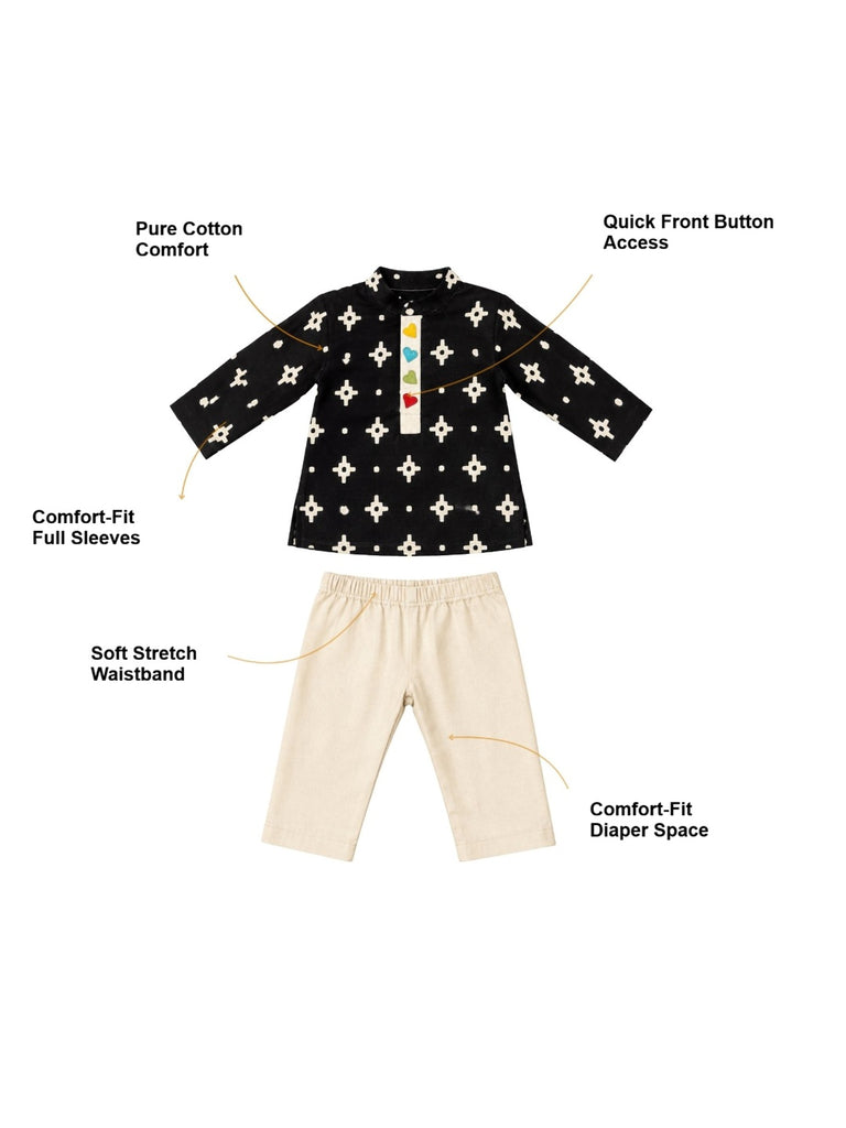 Pspeaches Baby Boy Black & White Ethnic Printed Cotton Straight Fit Kurta With Pyjama Set ( Sku-Inb-Kp-Blackbooti )