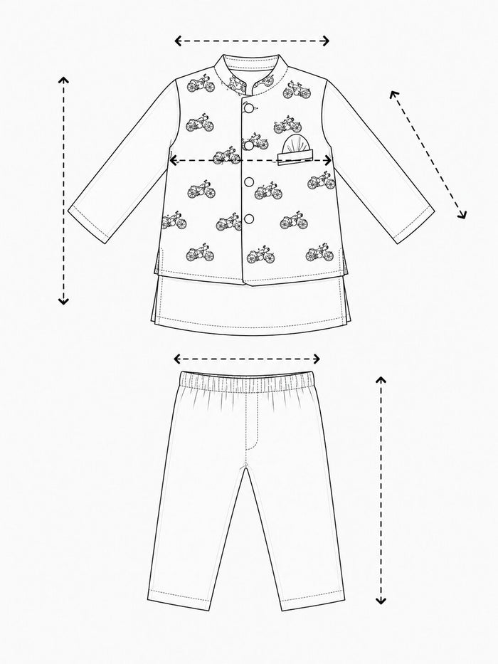 Pspeaches Baby Boy Off-White Ethnic Bullet Print Cotton Lurex Straight Fit Kurta Pyjama & Jacket Set ( SKU-Inb-kp-bluelurex ) size chart