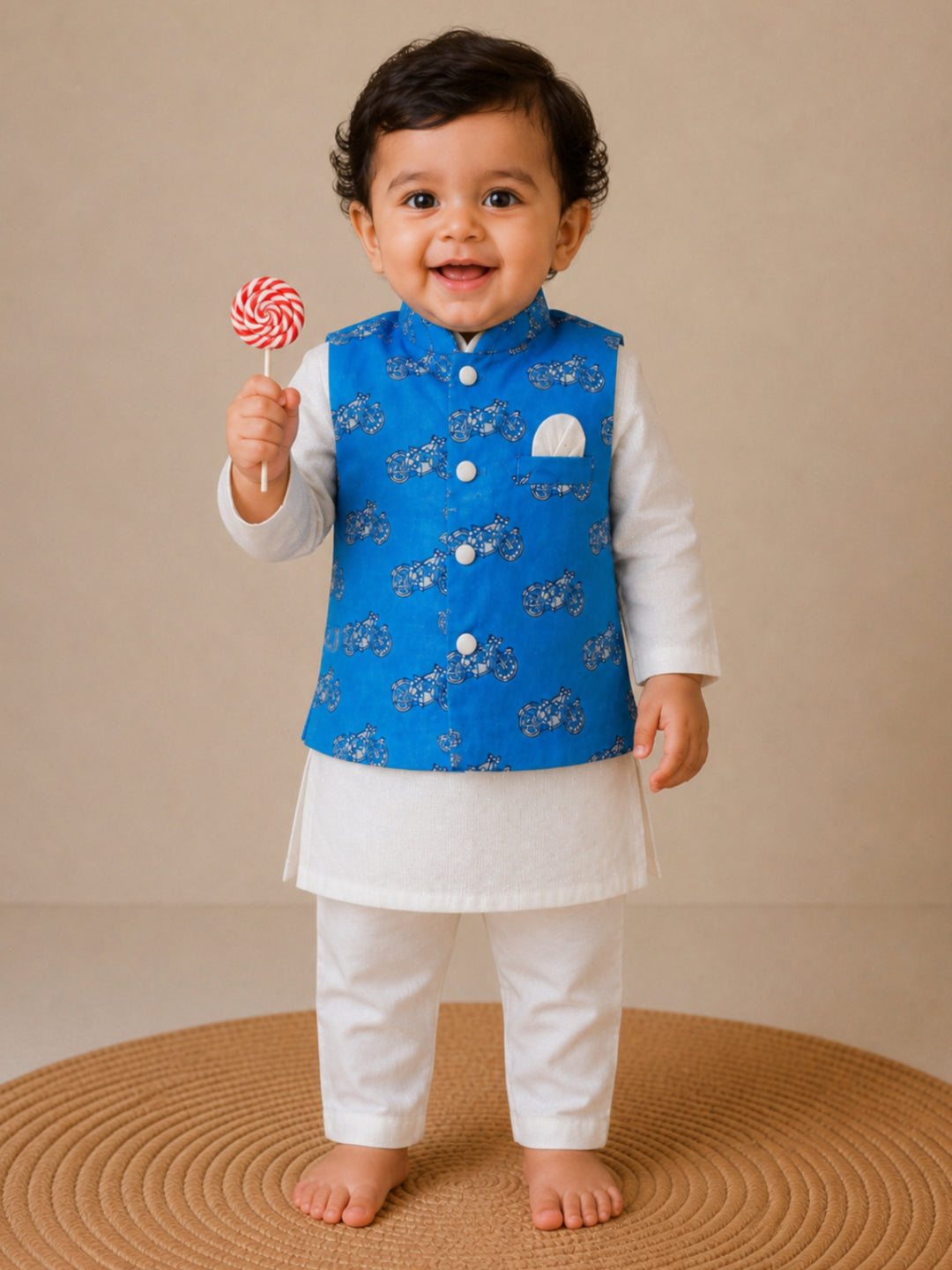 Pspeaches Baby Boy Off-White Ethnic Printed Cotton Lurex Straight Fit Kurta Pyjama & Jacket Set