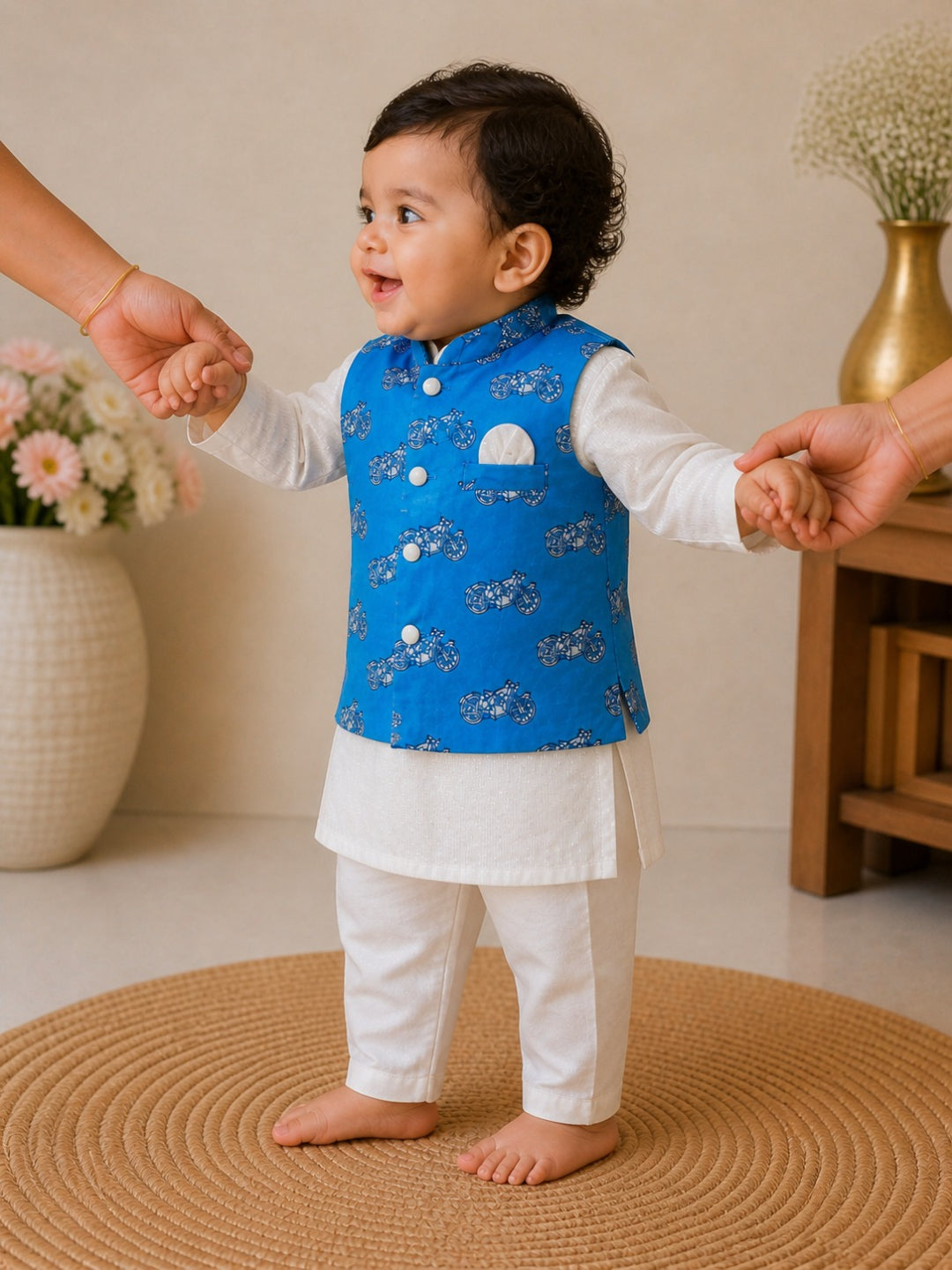 Pspeaches Baby Boy Off-White Ethnic Printed Cotton Lurex Straight Fit Kurta Pyjama & Jacket Set