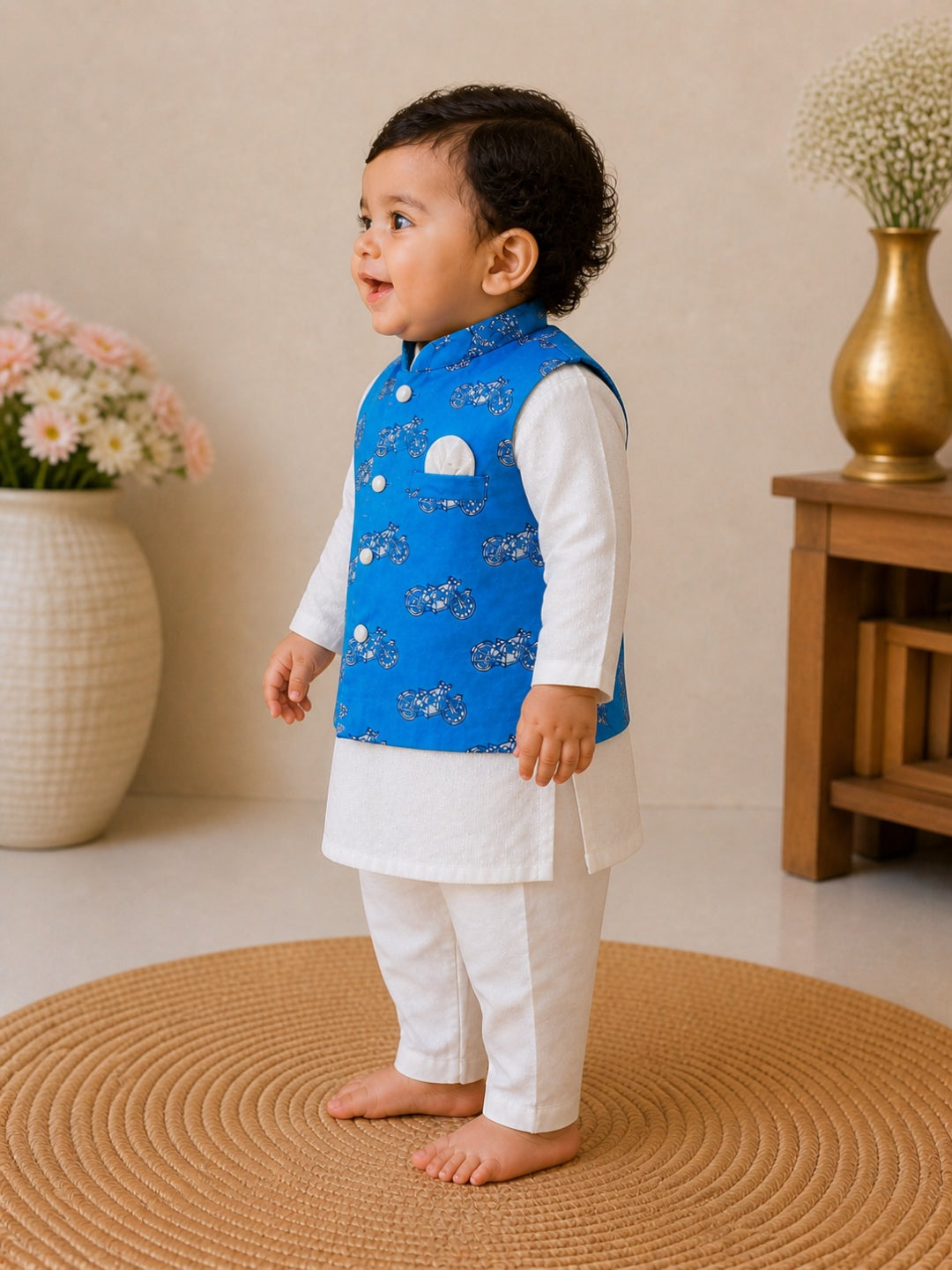 Pspeaches Baby Boy Off-White Ethnic Printed Cotton Lurex Straight Fit Kurta Pyjama & Jacket Set