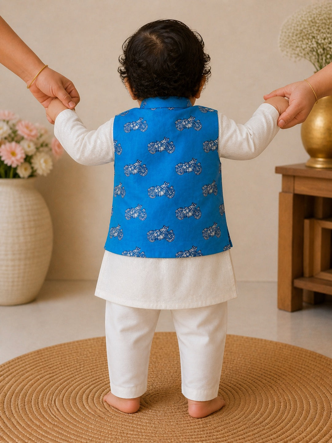 Pspeaches Baby Boy Off-White Ethnic Printed Cotton Lurex Straight Fit Kurta Pyjama & Jacket Set