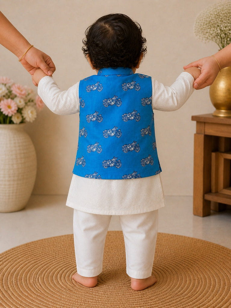 Pspeaches Baby Boy Off-White Ethnic Printed Cotton Lurex Straight Fit Kurta Pyjama & Jacket Set