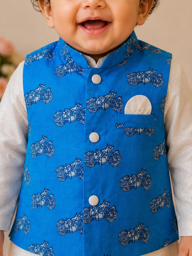 Pspeaches Baby Boy Off-White Ethnic Printed Cotton Lurex Straight Fit Kurta Pyjama & Jacket Set