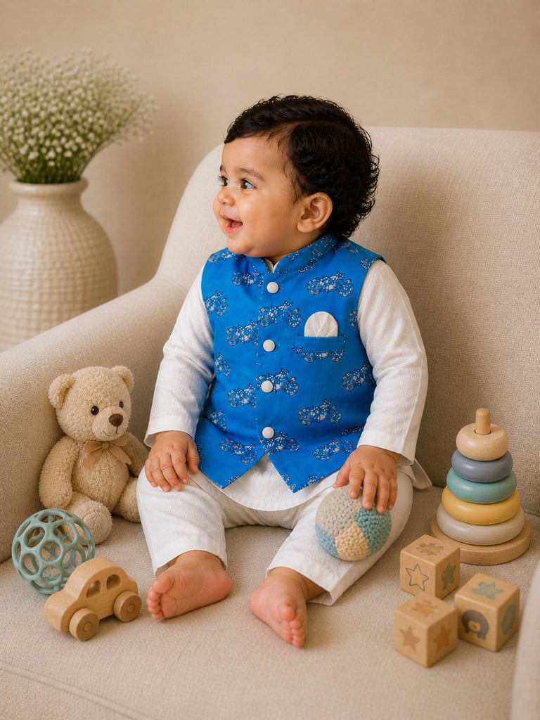 Pspeaches Baby Boy Off-White Ethnic Printed Cotton Lurex Straight Fit Kurta Pyjama & Jacket Set