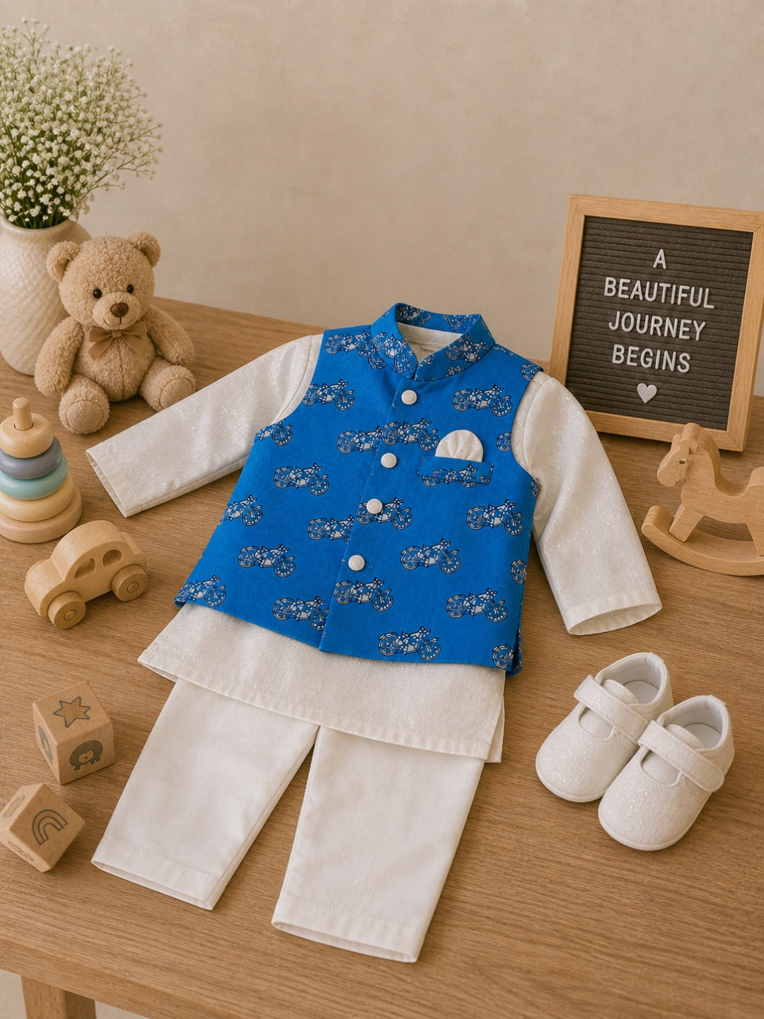 Pspeaches Baby Boy Off-White Ethnic Printed Cotton Lurex Straight Fit Kurta Pyjama & Jacket Set