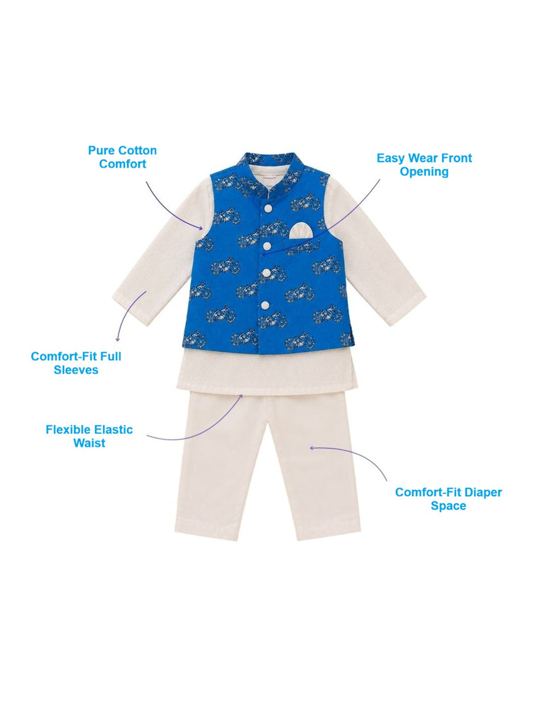 Pspeaches Baby Boy Off-White Ethnic Bullet Print Cotton Lurex Straight Fit Kurta Pyjama & Jacket Set ( SKU-Inb-kp-bluelurex )