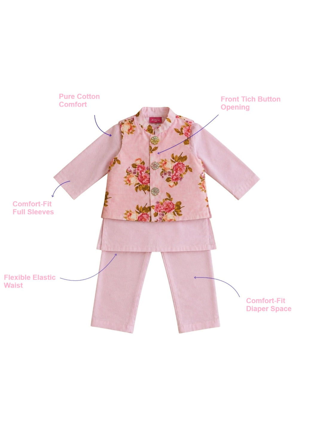 Pspeaches Baby Boy Pink Ethnic Floral Print Cotton Straight Fit Kurta & Pyjama With Jacket ( Sku-Inb-Kp-Frlpeach )