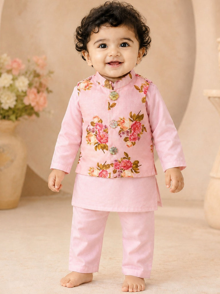 Pspeaches Baby Boy Pink Ethnic Floral Print Cotton Straight Fit Kurta & Pyjama With Jacket
