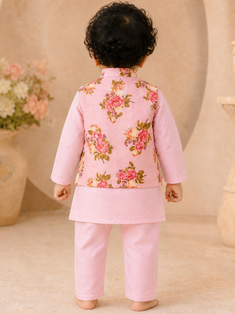 Pspeaches Baby Boy Pink Ethnic Floral Print Cotton Straight Fit Kurta & Pyjama With Jacket