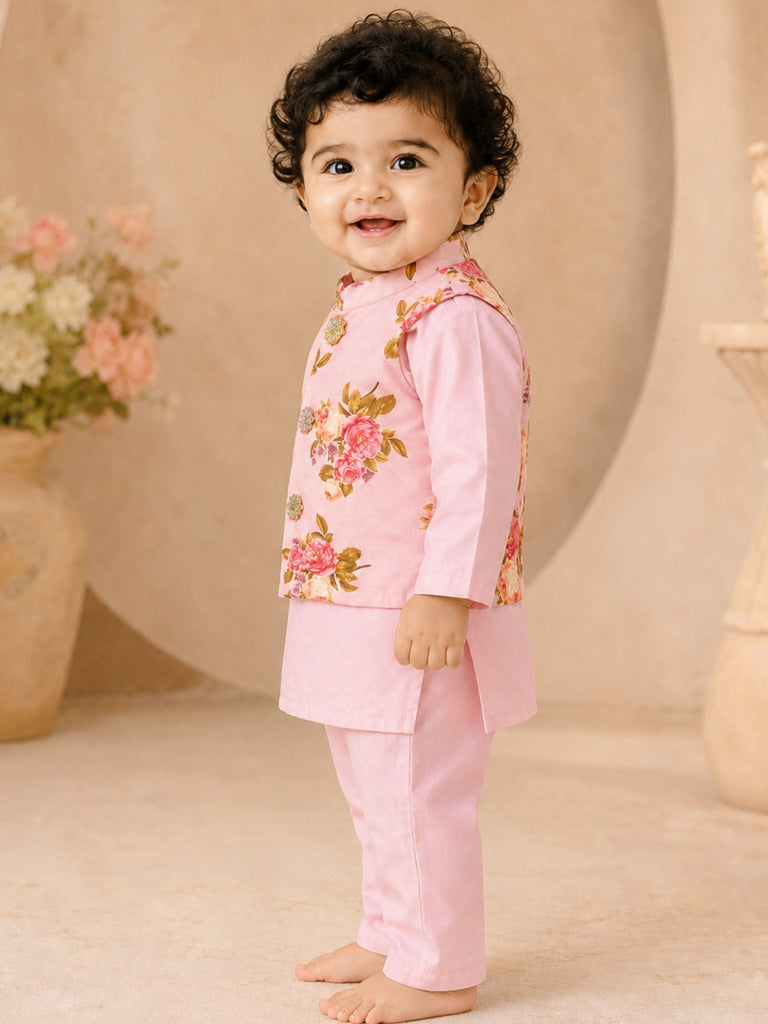 Pspeaches Baby Boy Pink Ethnic Floral Print Cotton Straight Fit Kurta & Pyjama With Jacket