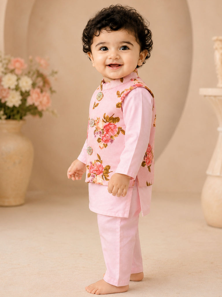 Pspeaches Baby Boy Pink Ethnic Floral Print Cotton Straight Fit Kurta & Pyjama With Jacket