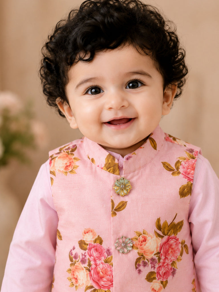 Pspeaches Baby Boy Pink Ethnic Floral Print Cotton Straight Fit Kurta & Pyjama With Jacket