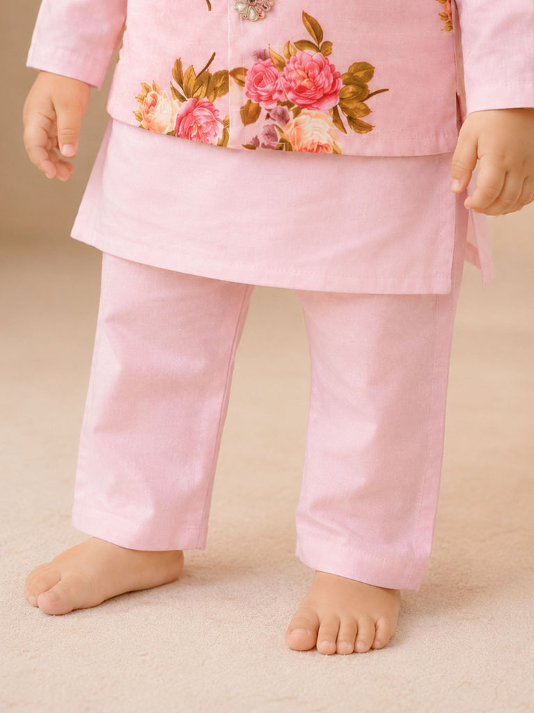 Pspeaches Baby Boy Pink Ethnic Floral Print Cotton Straight Fit Kurta & Pyjama With Jacket