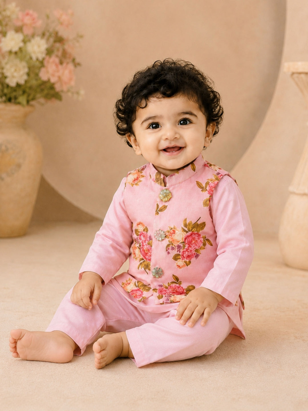 Pspeaches Baby Boy Pink Ethnic Floral Print Cotton Straight Fit Kurta & Pyjama With Jacket