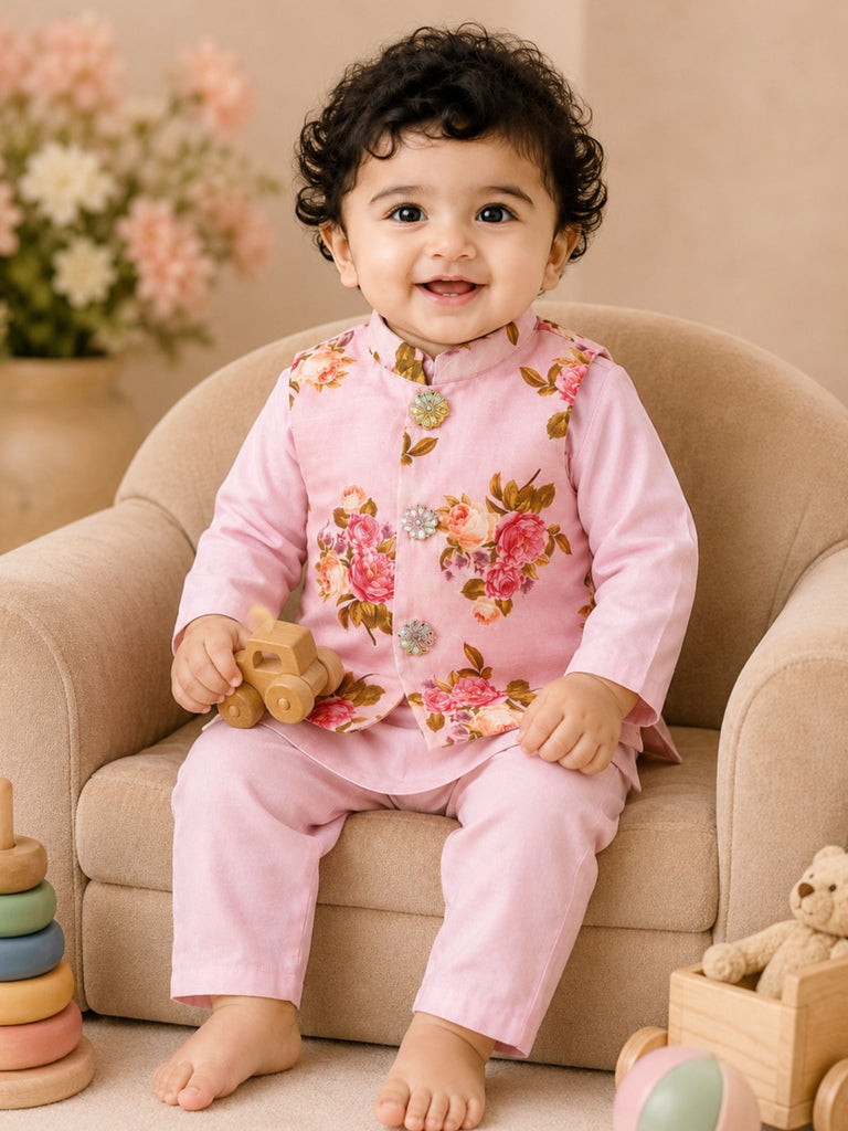 Pspeaches Baby Boy Pink Ethnic Floral Print Cotton Straight Fit Kurta & Pyjama With Jacket