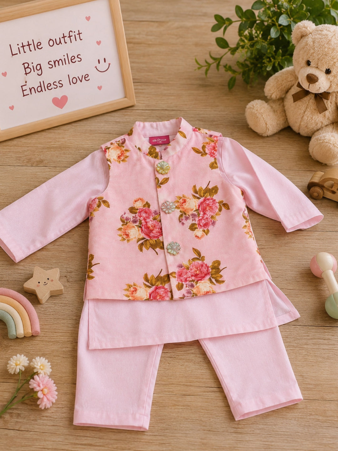 Pspeaches Baby Boy Pink Ethnic Floral Print Cotton Straight Fit Kurta & Pyjama With Jacket