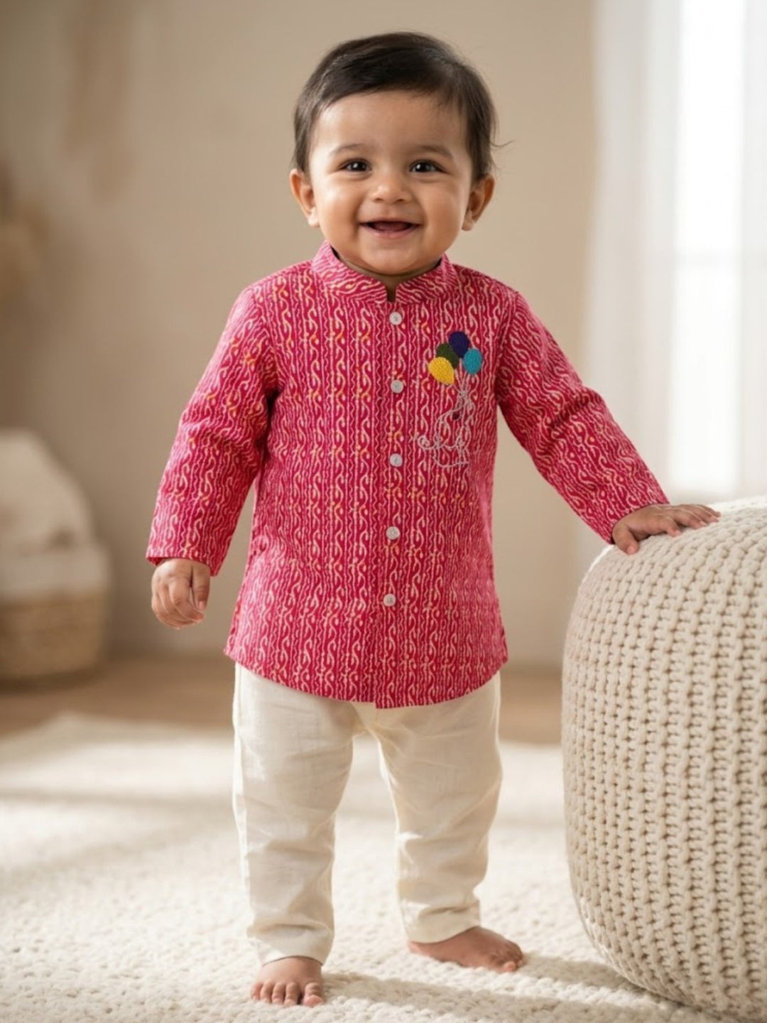 Pspeaches Baby Boy Magenta & White Ethnic Leheriya Cotton Straight Fit Kurta With Pyjama Set