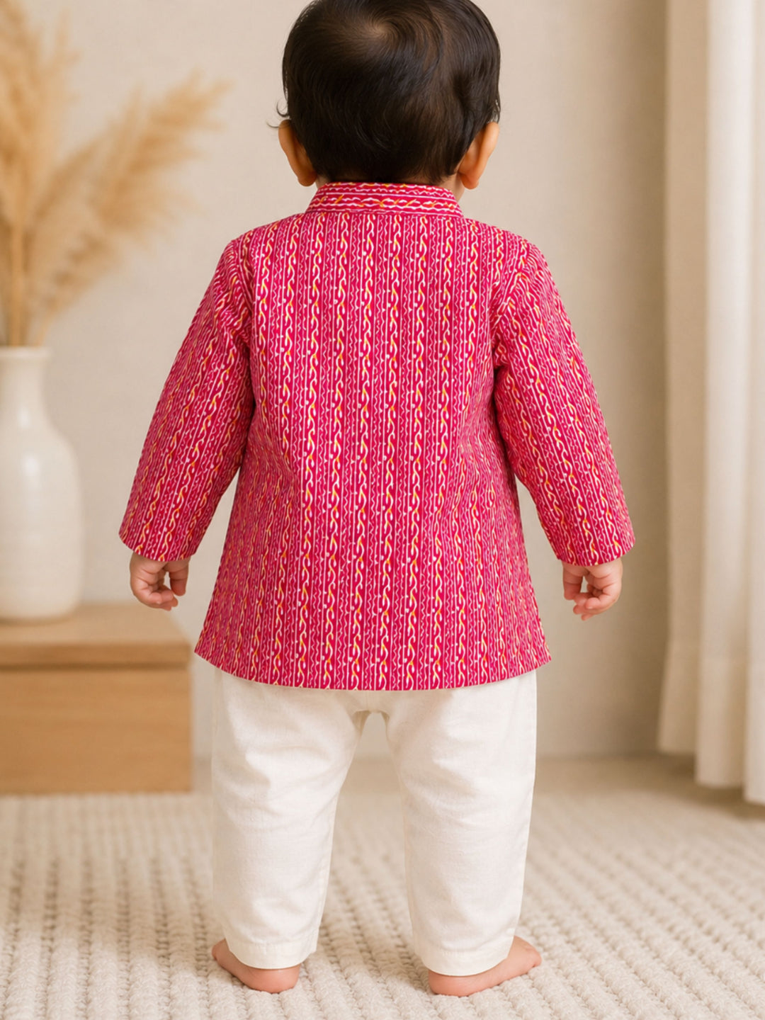 Pspeaches Baby Boy Magenta & White Ethnic Leheriya Cotton Straight Fit Kurta With Pyjama Set