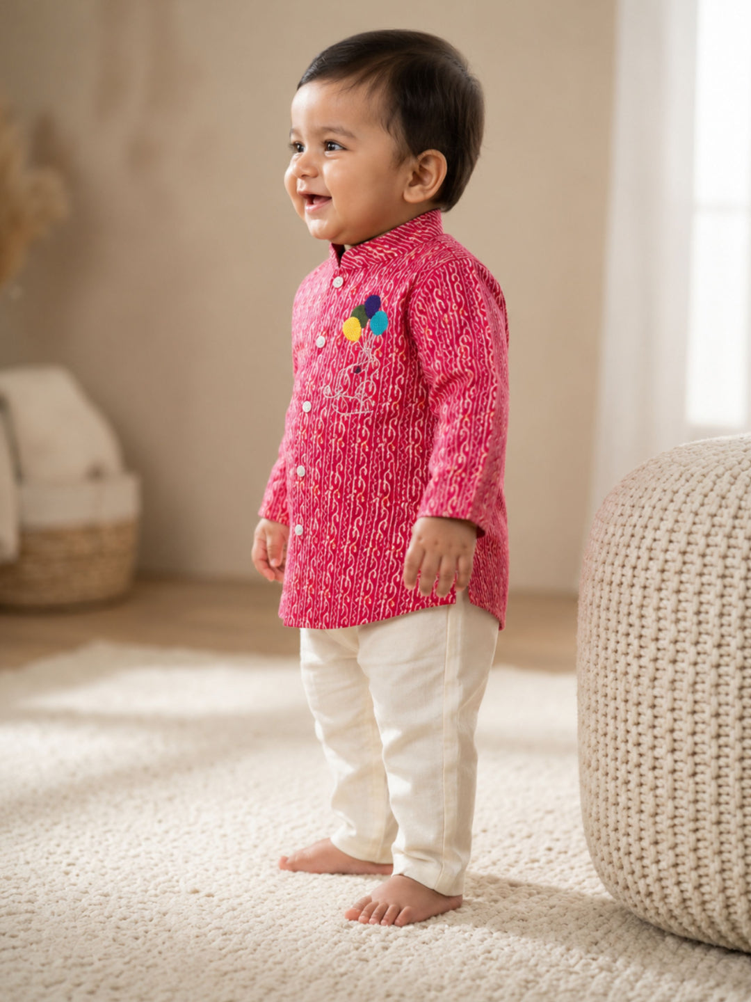 Pspeaches Baby Boy Magenta & White Ethnic Leheriya Cotton Straight Fit Kurta With Pyjama Set