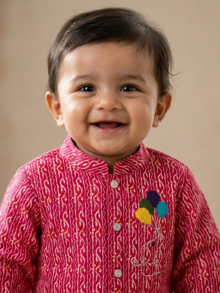 Pspeaches Baby Boy Magenta & White Ethnic Leheriya Cotton Straight Fit Kurta With Pyjama Set