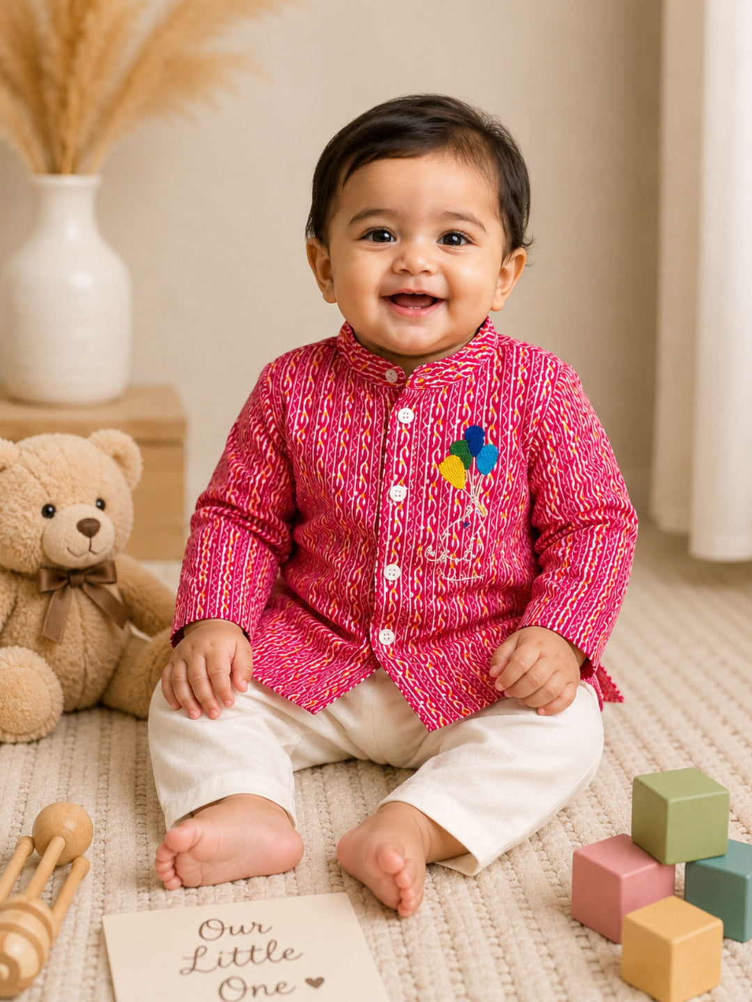 Pspeaches Baby Boy Magenta & White Ethnic Leheriya Cotton Straight Fit Kurta With Pyjama Set