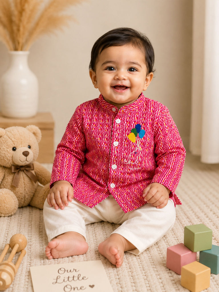 Pspeaches Baby Boy Magenta & White Ethnic Leheriya Cotton Straight Fit Kurta With Pyjama Set