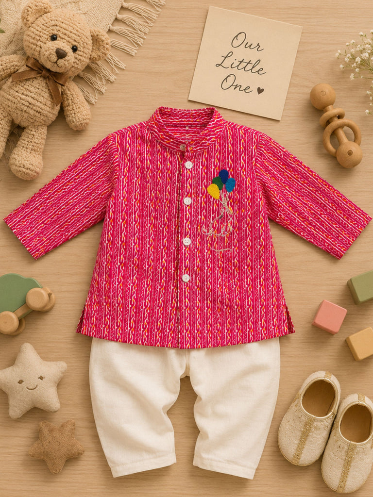 Pspeaches Baby Boy Magenta & White Ethnic Leheriya Cotton Straight Fit Kurta With Pyjama Set