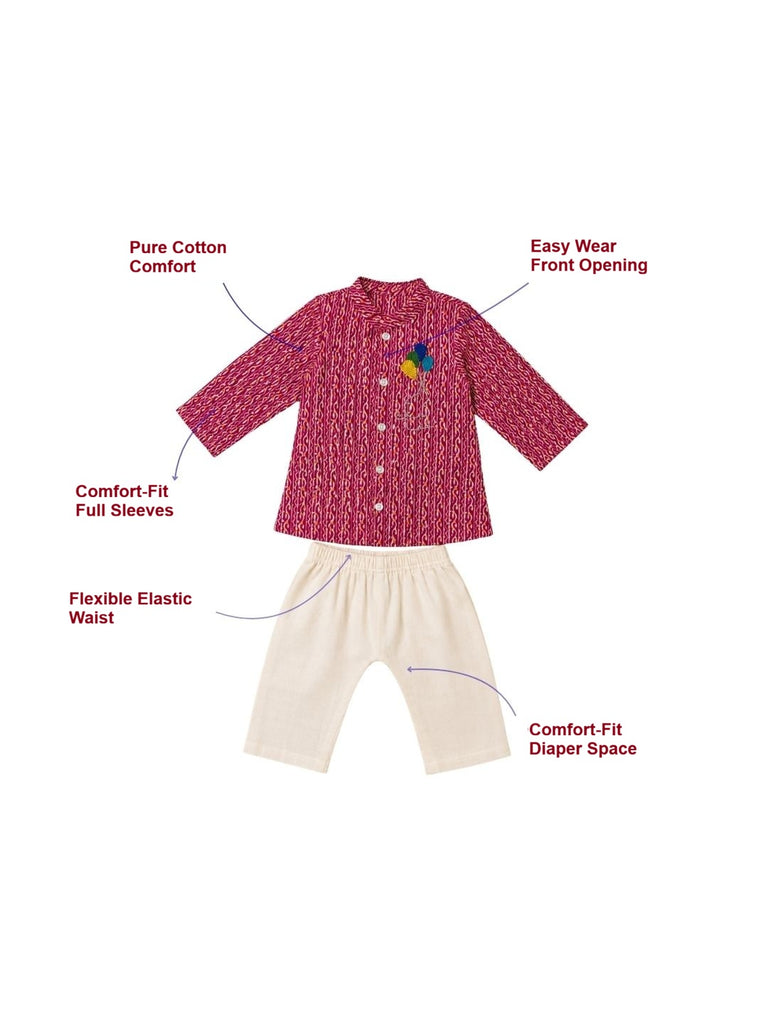Pspeaches Baby Boy Magenta & White Ethnic Leheriya Cotton Straight Fit Kurta With Pyjama Set ( Sku-Inb-Kp-Leheriyastripe )
